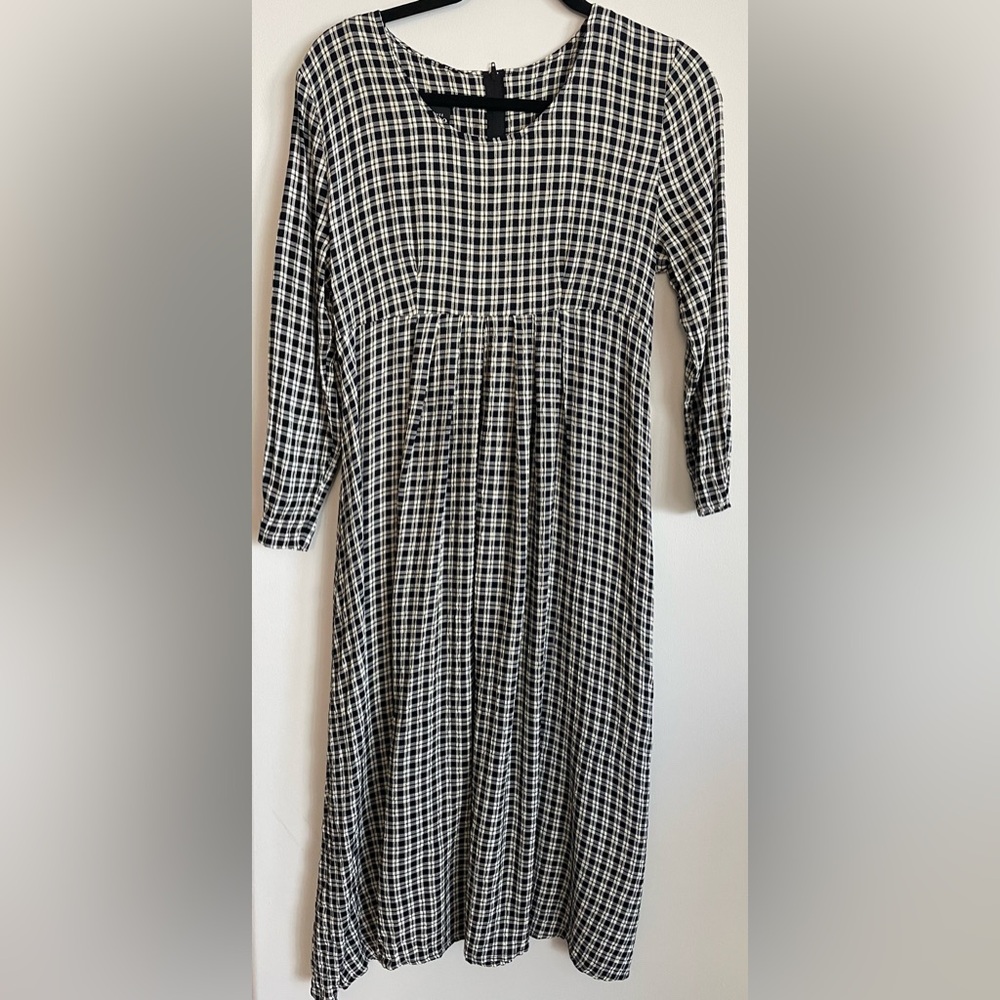 Vintage Checked Print Black and White Long Sleeve MIDI Dress Size 4